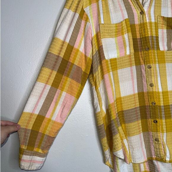 Pilcro Anthropologie Butter Yellow/Pink Plaid Button Down Shirt Size Small - Picture 4 of 6